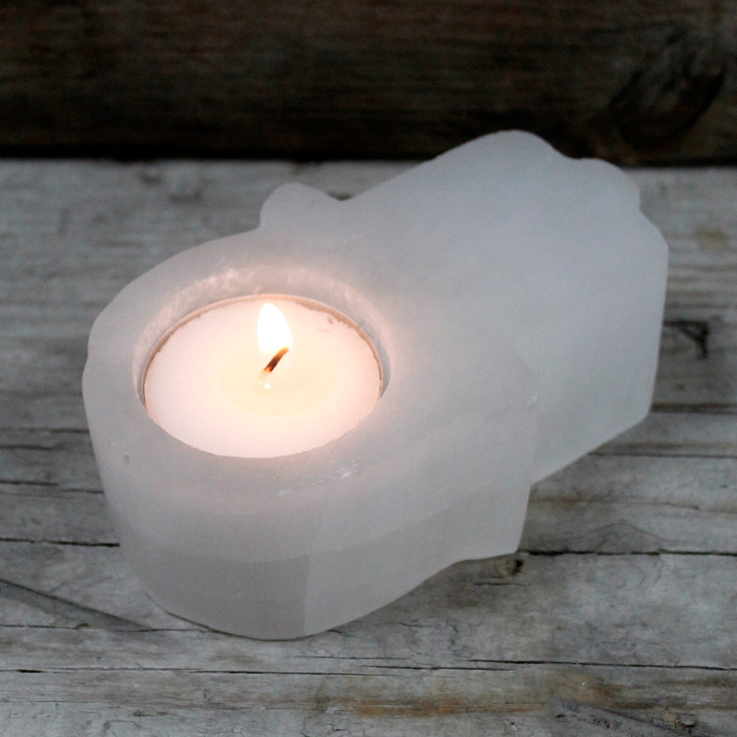 Selenite Hamsa Candle Holder