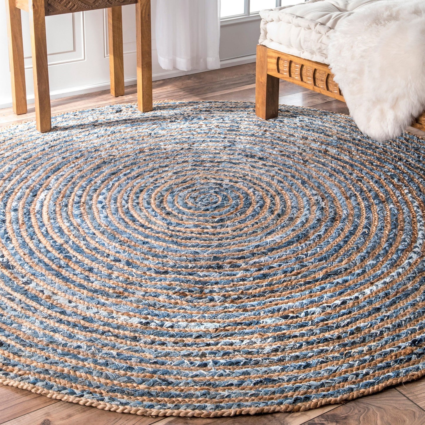 Round Jute and Recycle Denim Rug- 90 cm