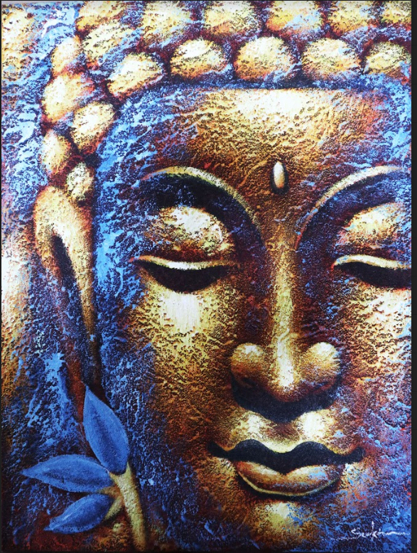 Buddha Painting - Gold Face & Lotus Flower