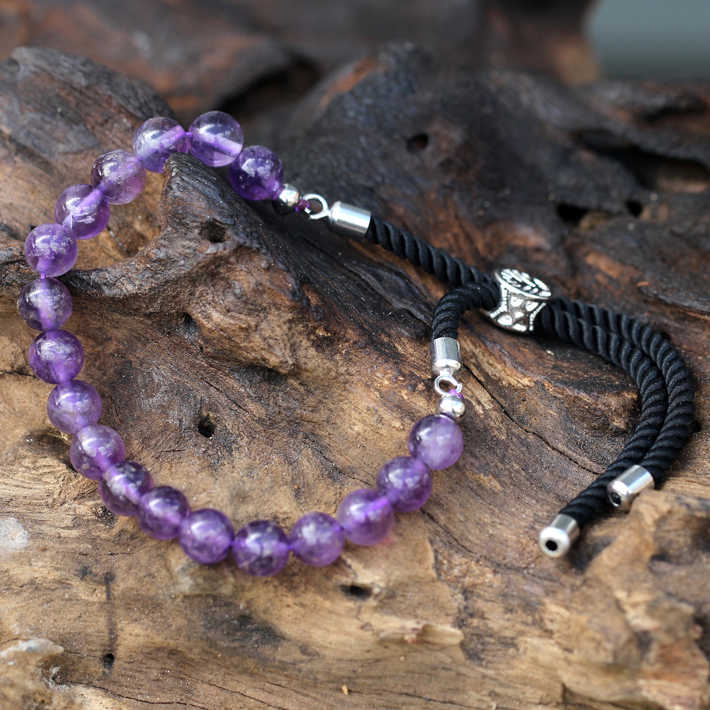 925 Silver Plated Gemstone Black String Bracelet - Amethyst