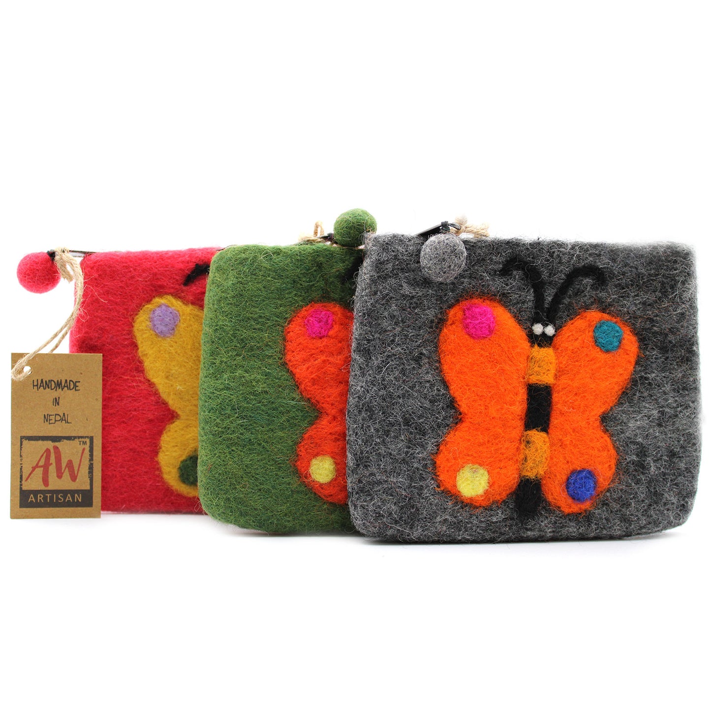 Natural Felt Zipper Pouch (asst) - Big Butterfly