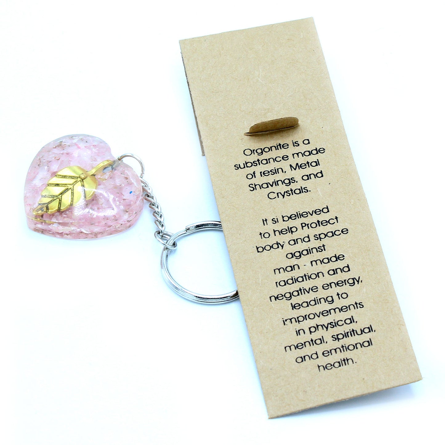 Orgonite Power Keyring - Rose Quartz Heearts Golden Leaf