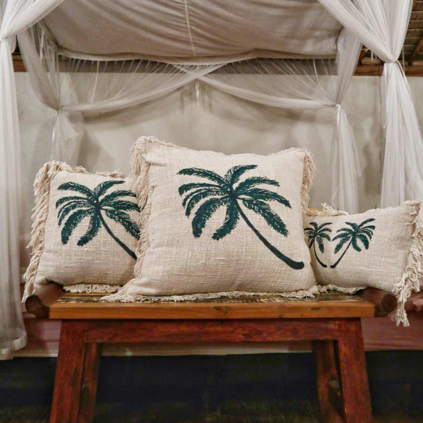 Linen Cushion 60x60cm Palm Tree  with Fringe