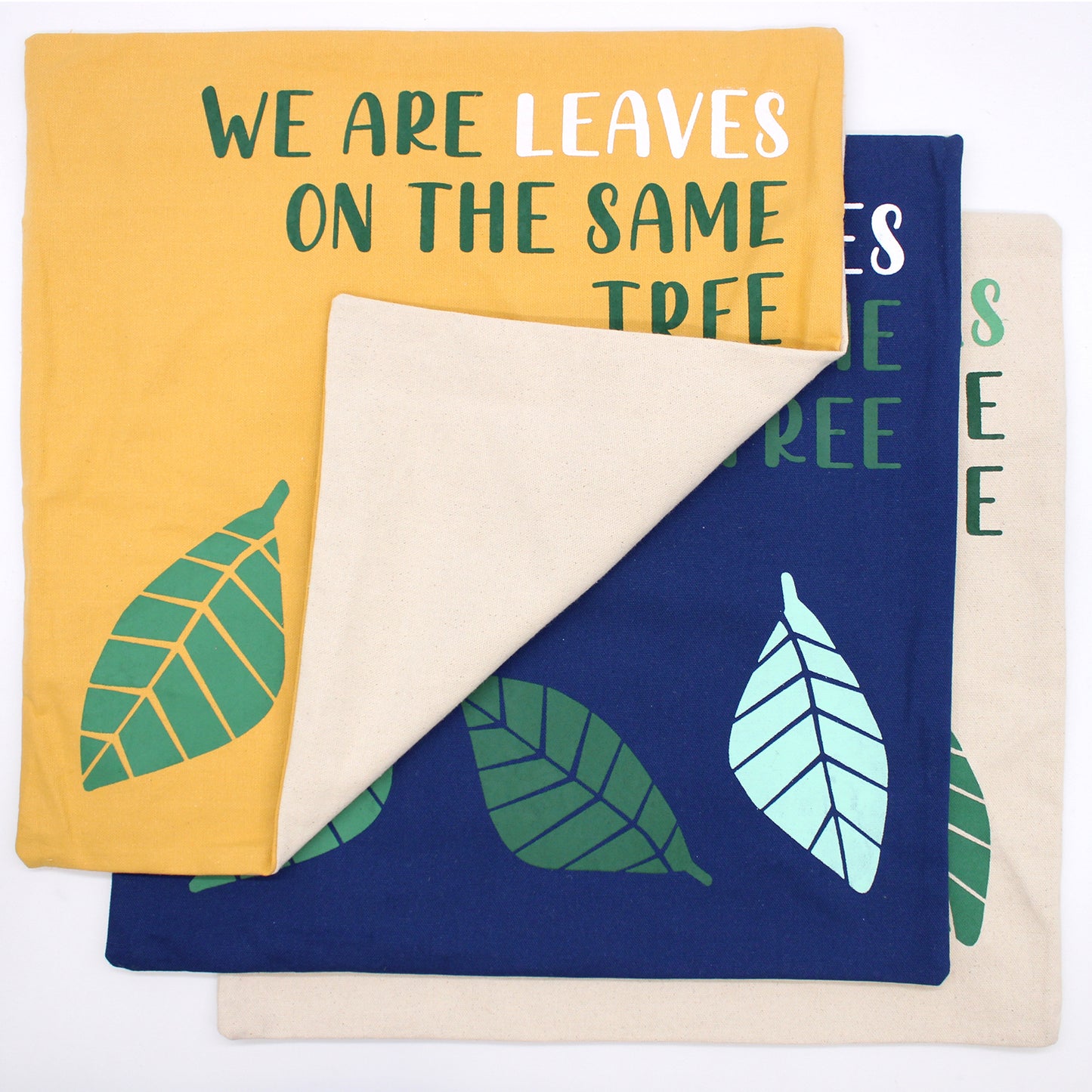 Printed Cotton Cushion Cover - We are Leaves - Yellow, Blue and Natural