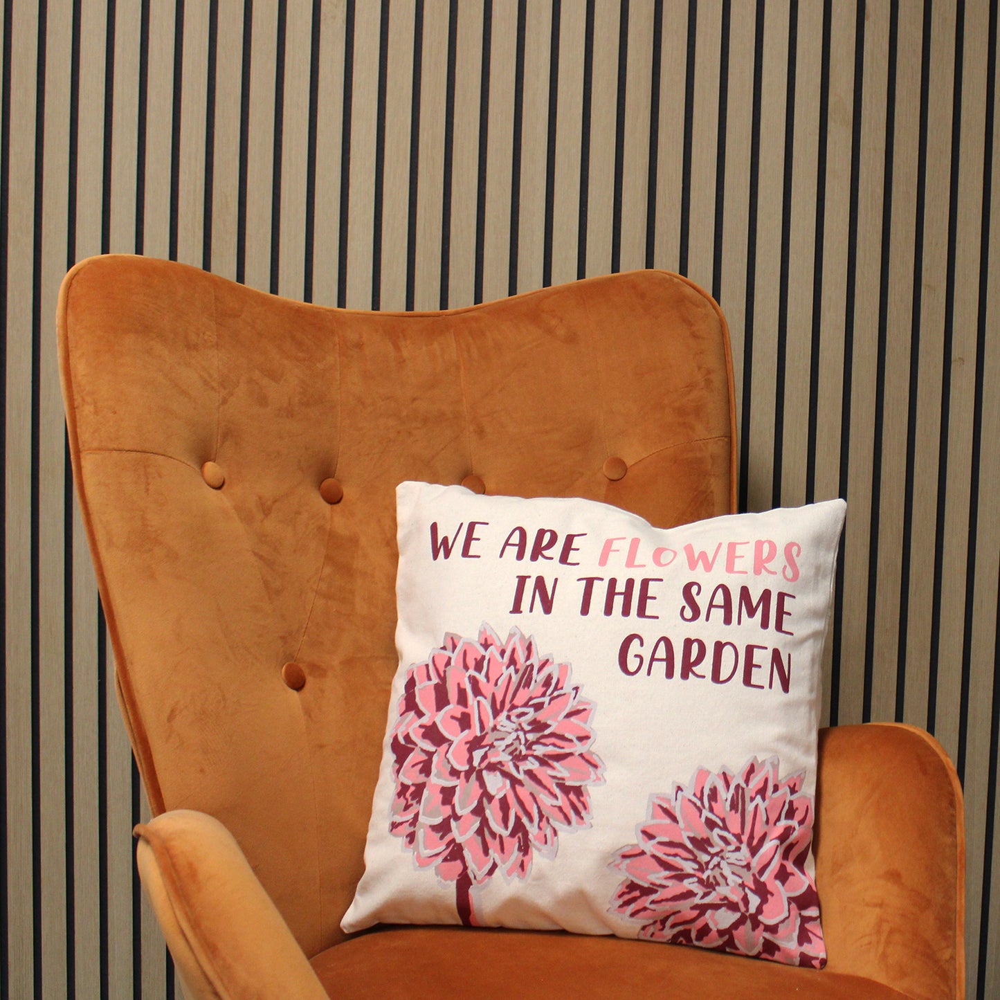 Printed Cotton Cushion Cover - We are Flowers - Olive, Pink and Natural