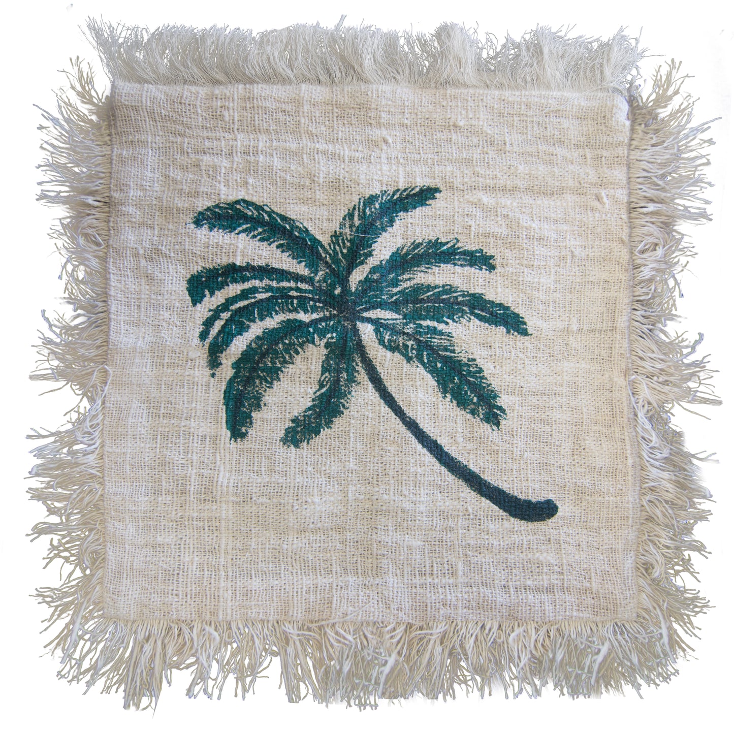 Linen Cushion 45x45cm Palm Tree  with Fringe