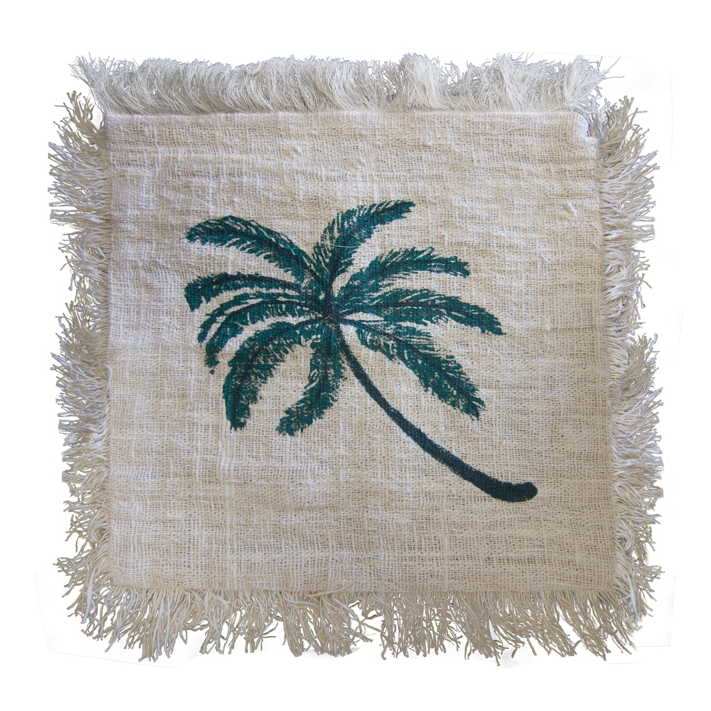 Linen Cushion 60x60cm Palm Tree  with Fringe