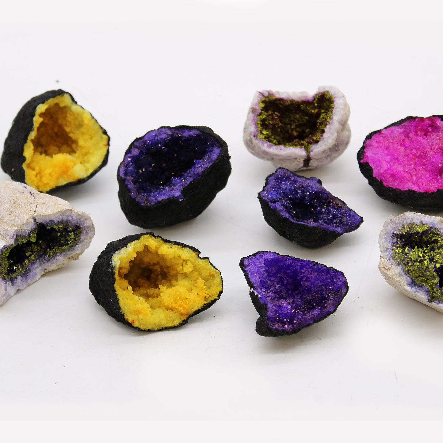 Coloured Calsite Geodes - Black Rock - Turqoise / Purple