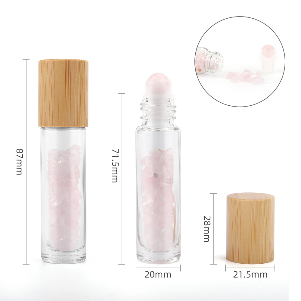 Gemstone Essential Oil Roller Bottle - Rose Quartz  - Wooden Cap