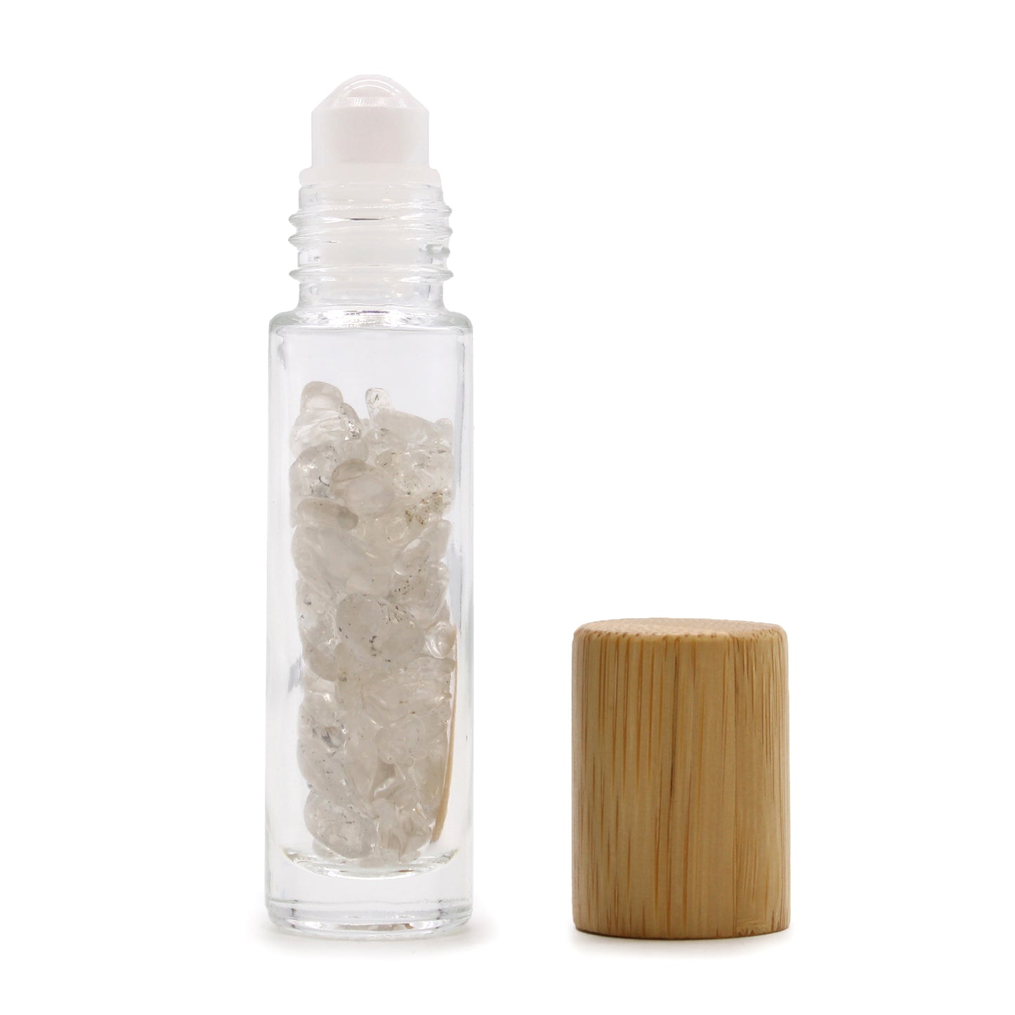 Gemstone Essential Oil Roller Bottle - Rock Quartz  - Wooden Cap