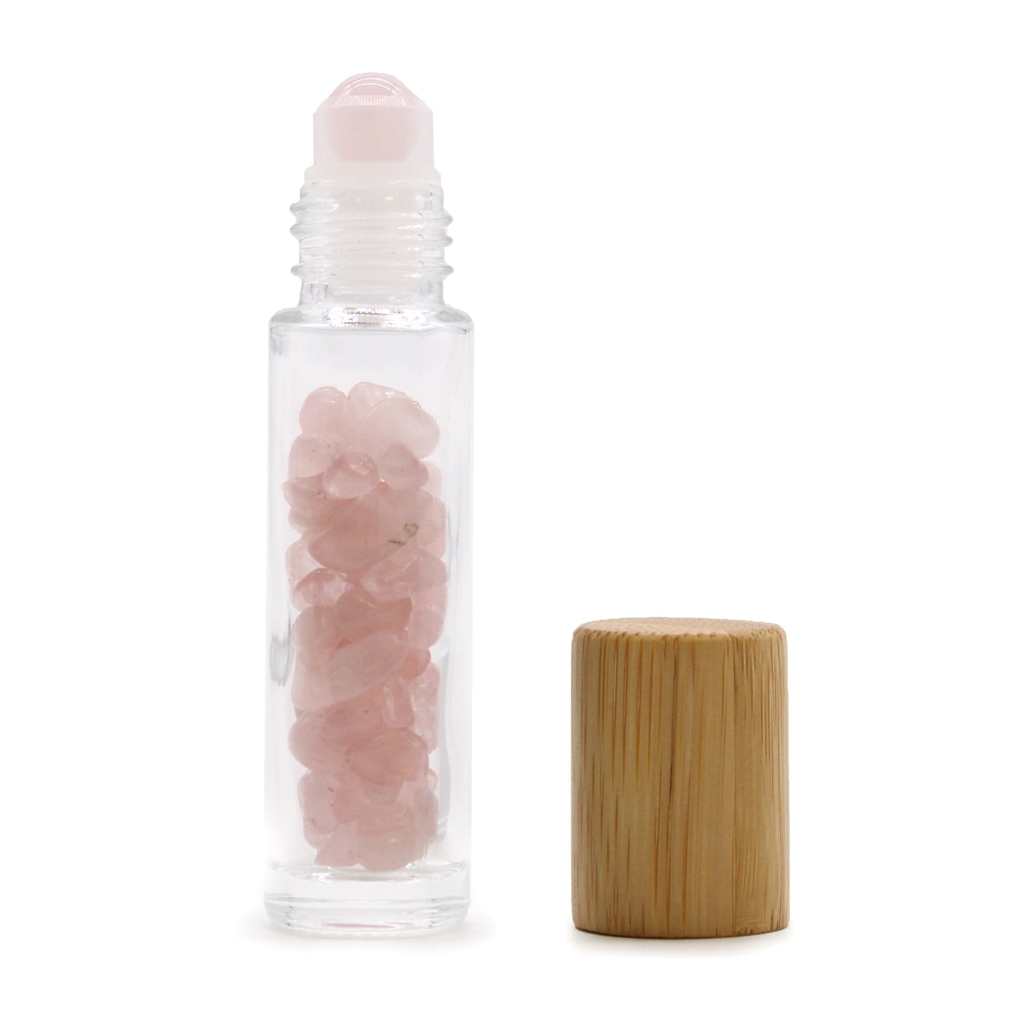 Gemstone Essential Oil Roller Bottle - Rose Quartz  - Wooden Cap