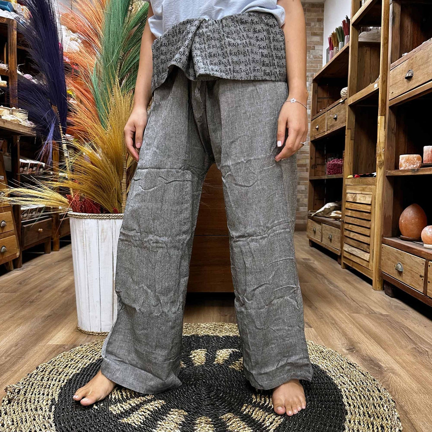 Yoga and Festival Pants - Thai Fisherman Mandala Mantra on Grey