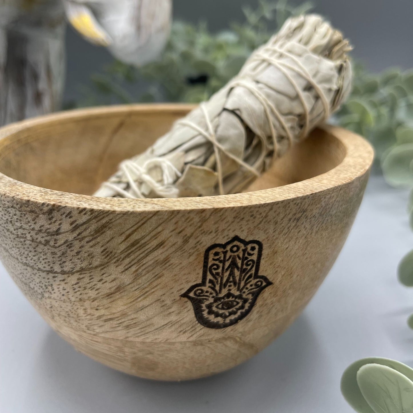 Wooden Smudge and Ritual Offerings Bowl - Hamsa - 11x7cm