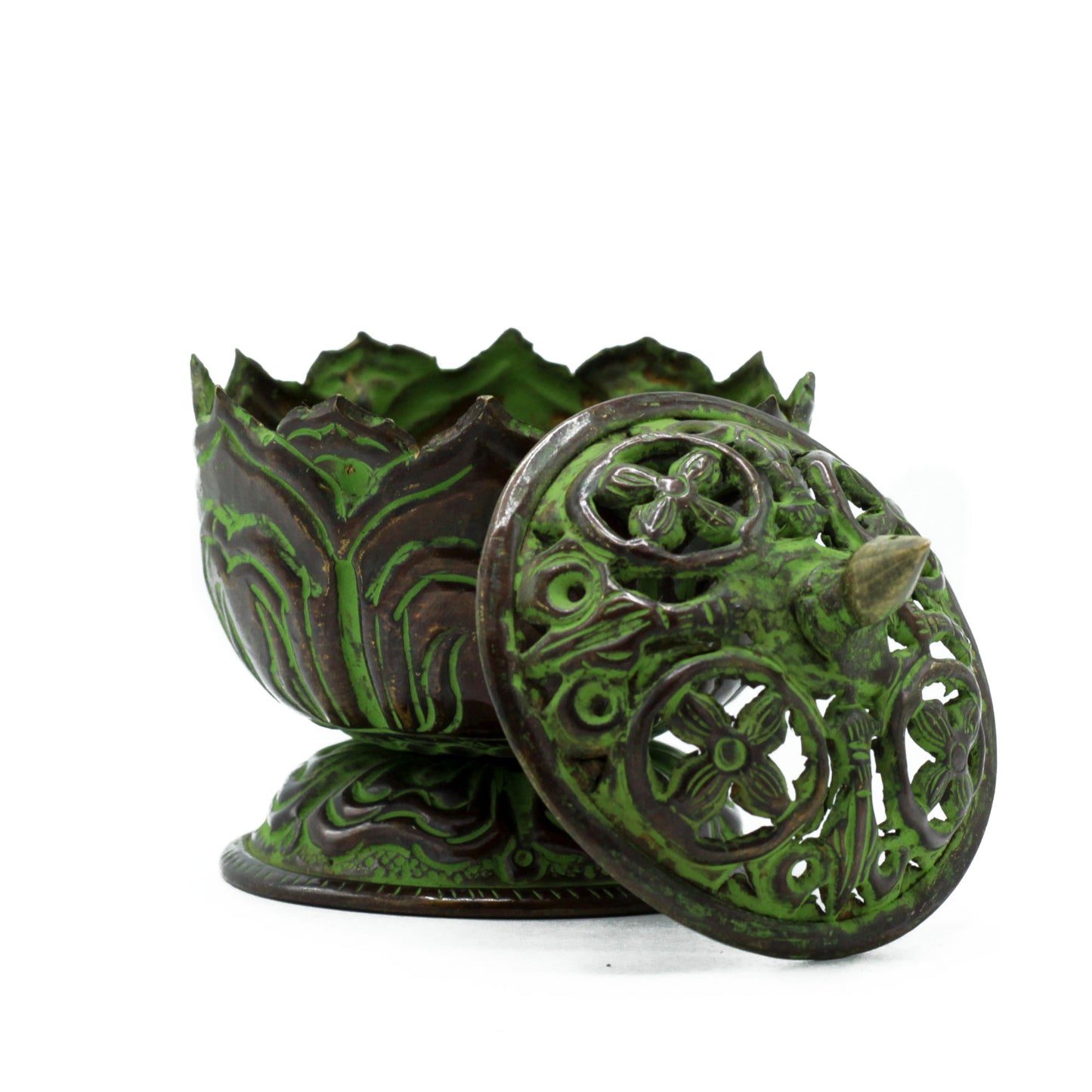 Brass Verdigris Tibetan Incense Burner - Small Lotus